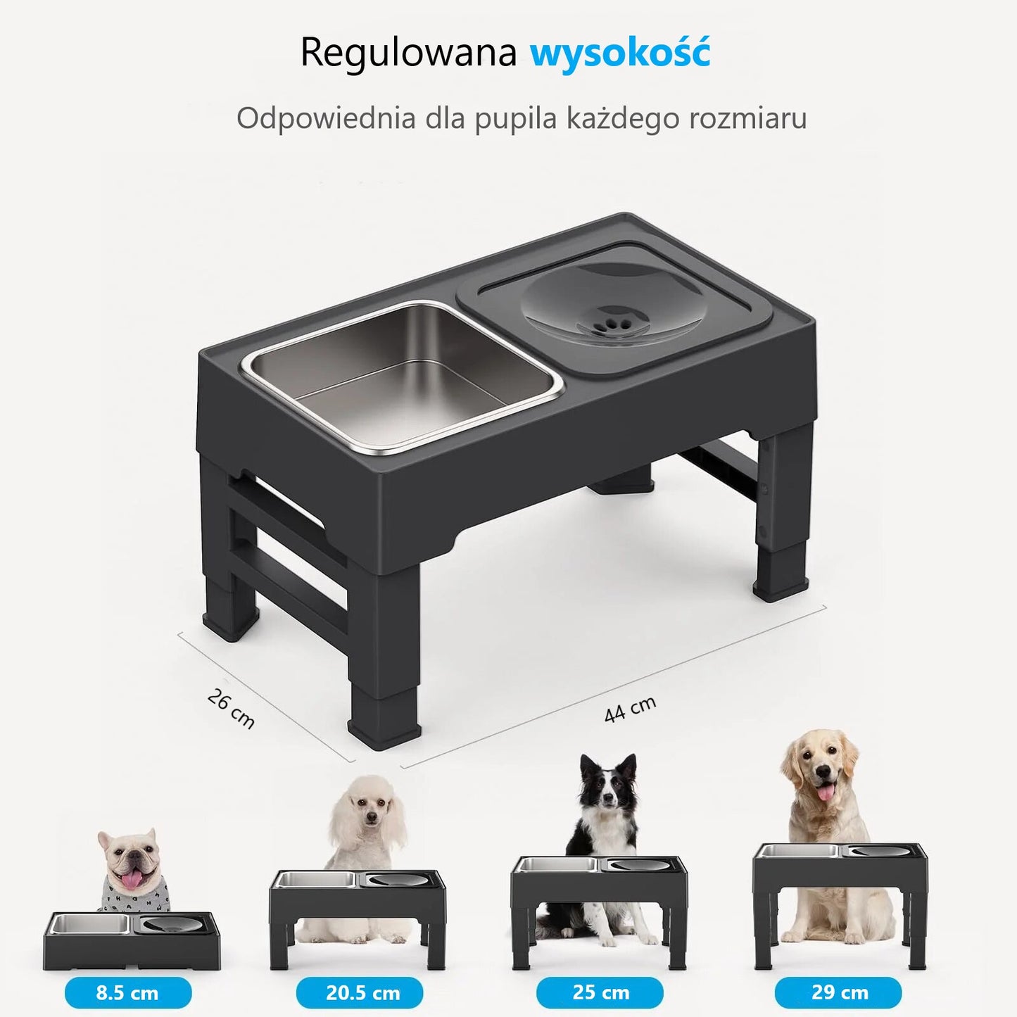 Innowacyjna antychlapiąca miska na regulowanym podwyższeniu